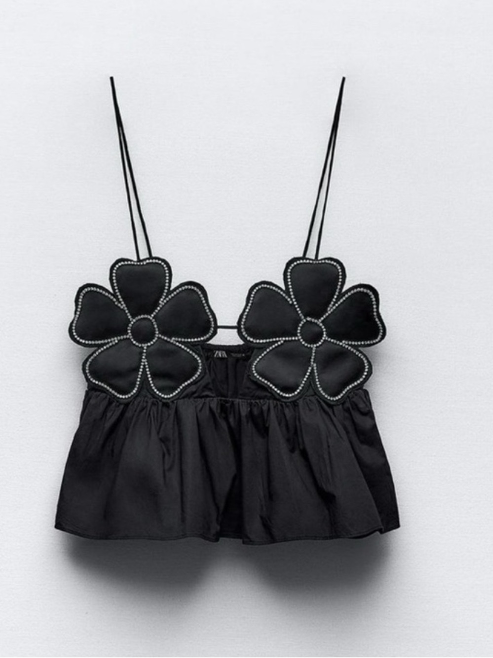 NWOT Zara Black Rhinestone Floral Appliqué Spaghetti Strap Crop Top